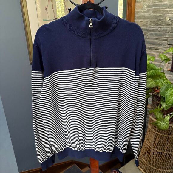 Weatherproof Vintage Navy and White Striped 1/4 Zip 100% Cotton Sweater L - Picture 4 of 10